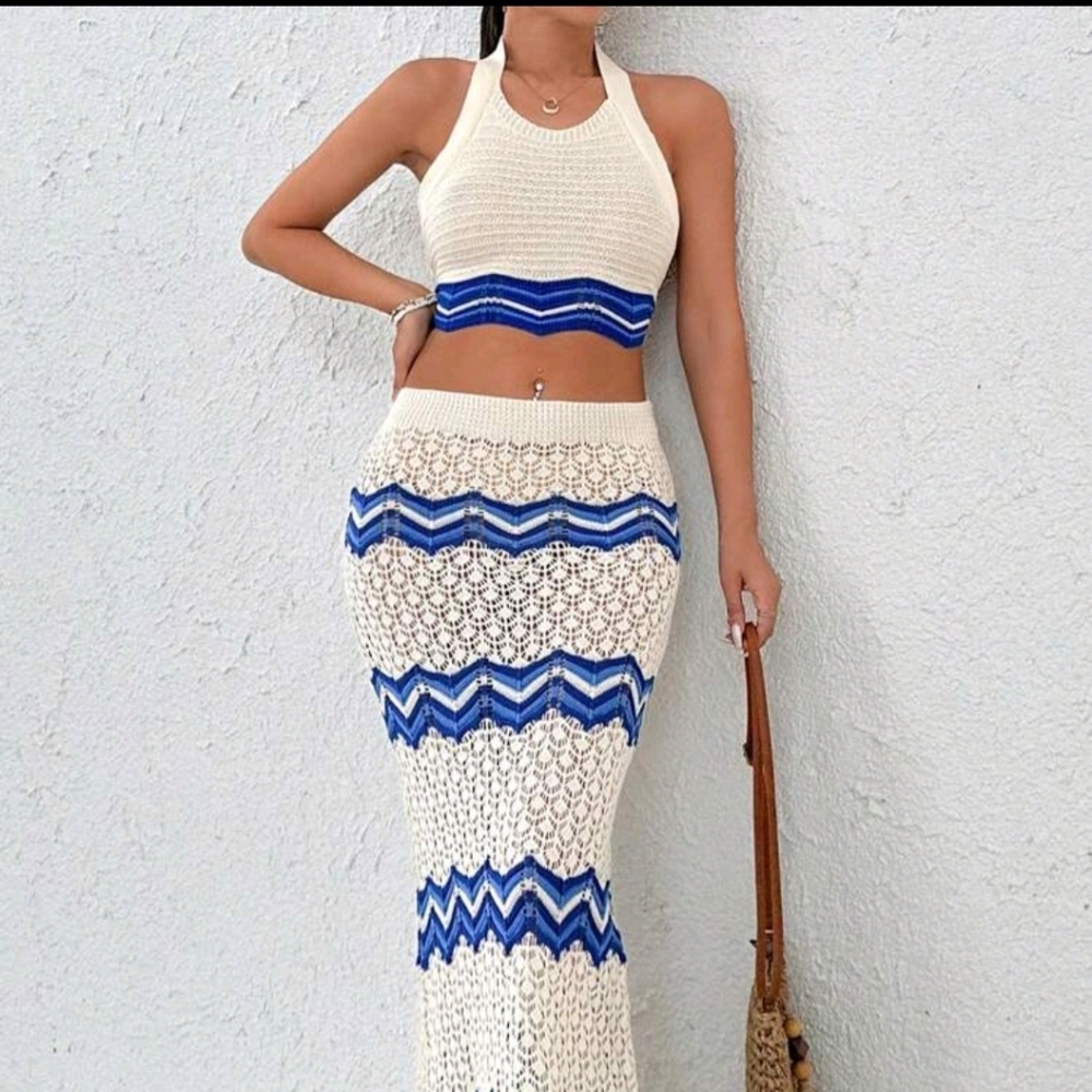 Blue and Cream Crochet Maxi Skirt